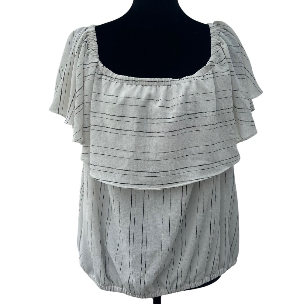 INC International Concepts White Striped Off Shoulder Ruffle Blouse Large